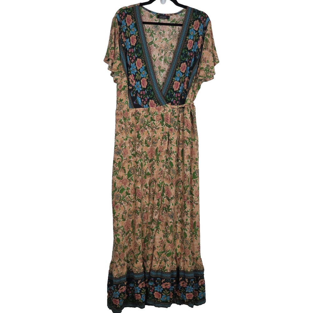 Zesica Womens Plus 2XL Peach Floral Print V Neck Flutter Sleeve Wrap Maxi Dress